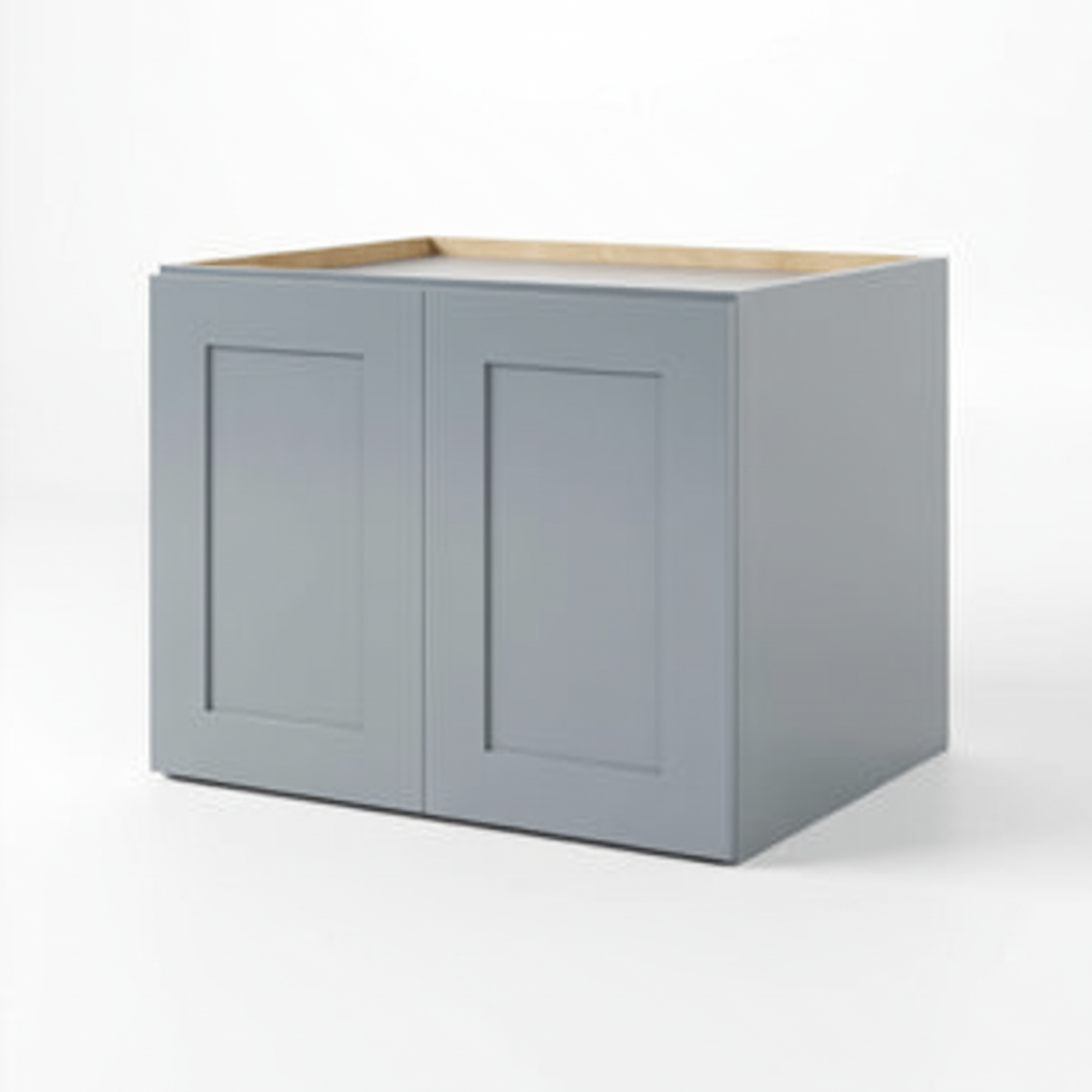 Gray kitchen cabinet with a wooden top on a white background