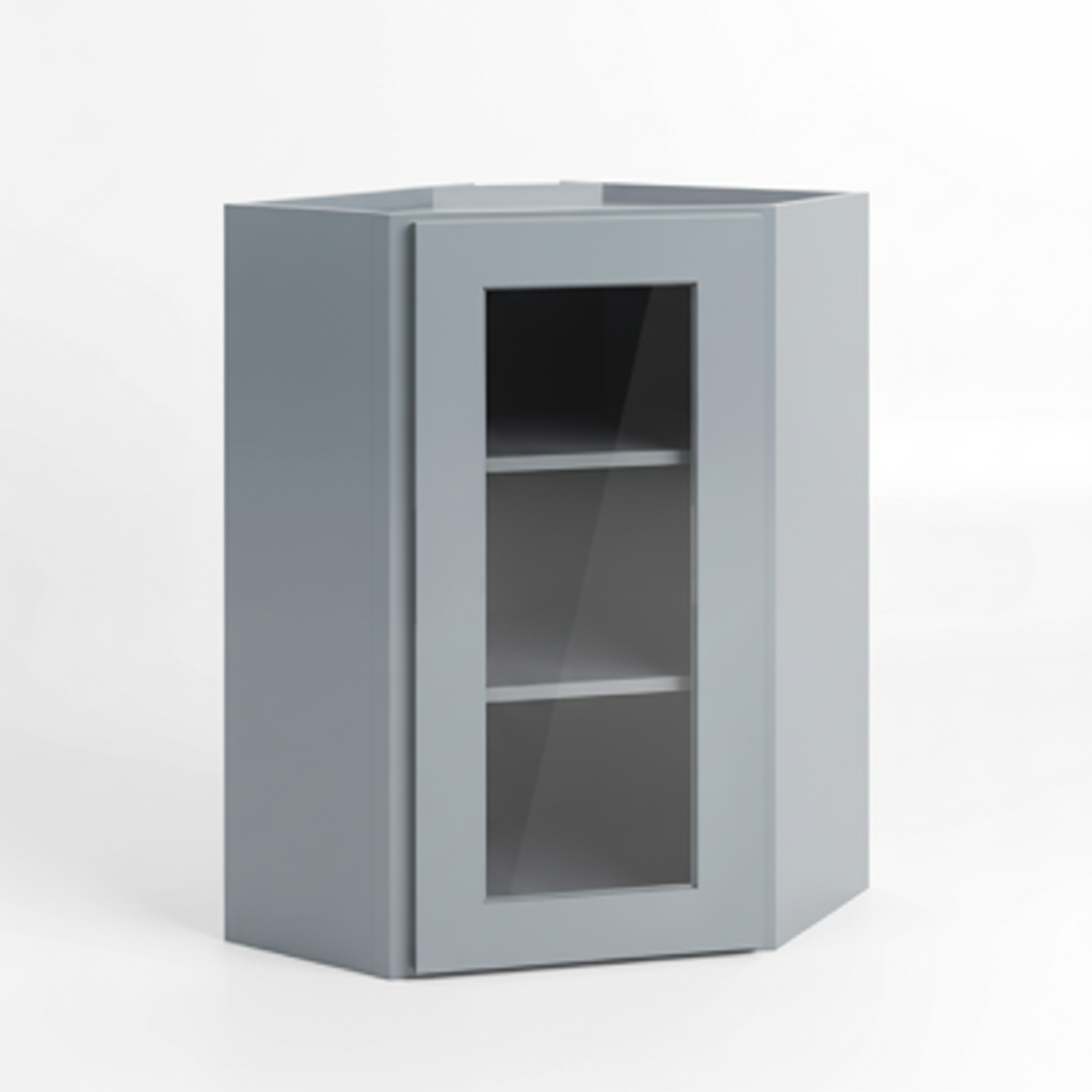 Gray Shaker 24″ Diagonal Corner Wall Shelf with Glass Door