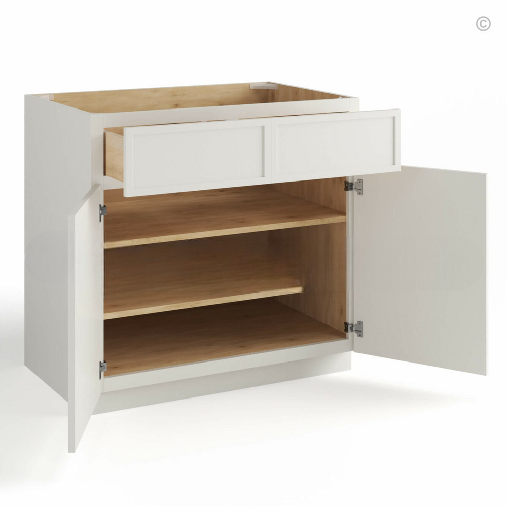 Dove White Slim Shaker Base Cabinet Double Doors and Drawers