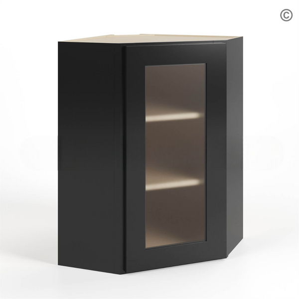 Black Shaker 24″ Diagonal Corner Wall Shelf with Glass Door