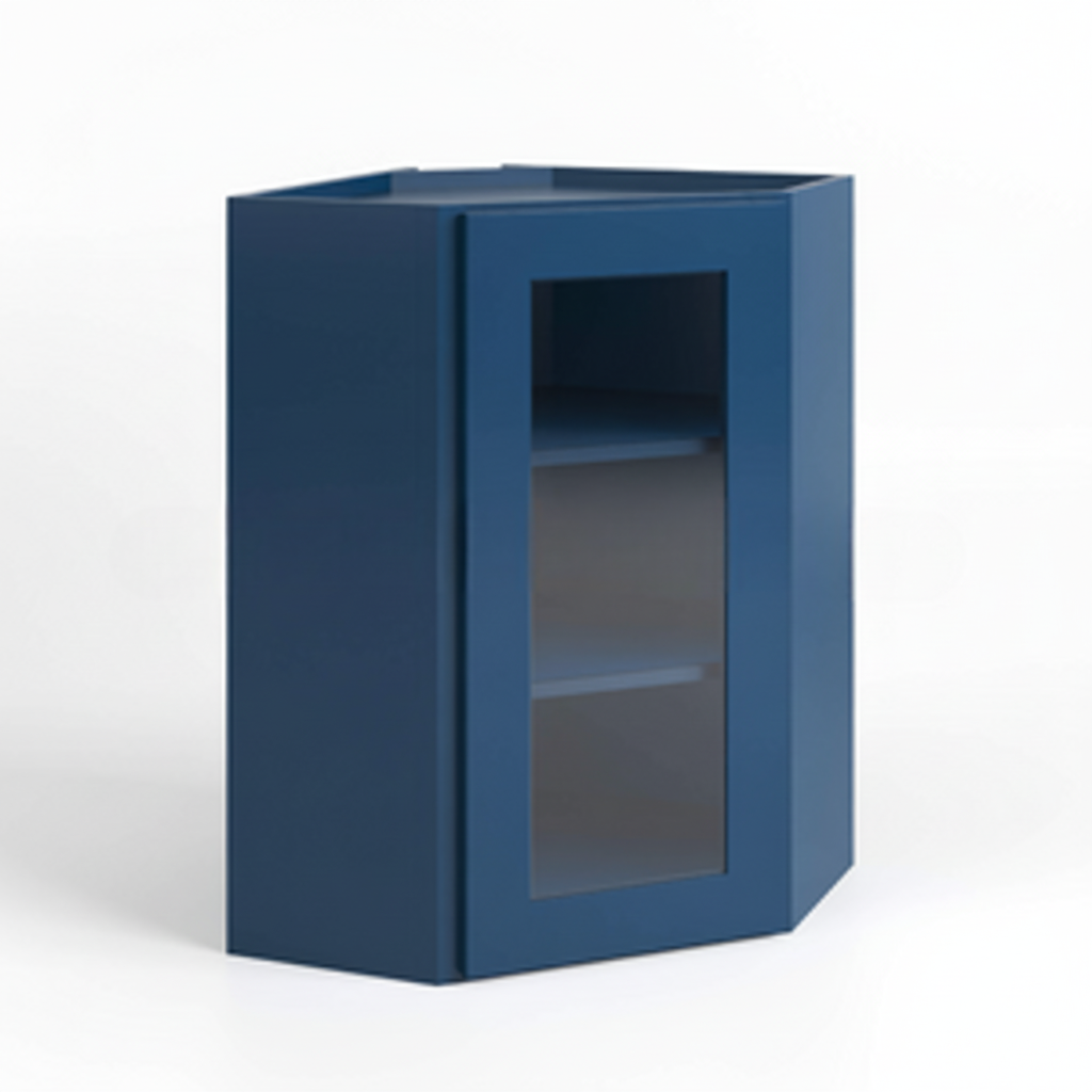 Navy Blue Shaker 24″ Diagonal Corner Wall Shelf with Glass Door