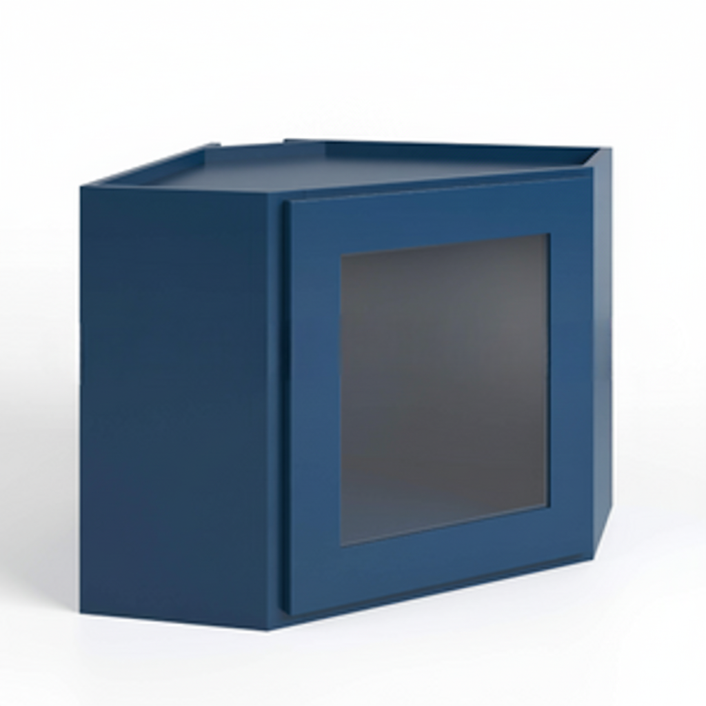 Navy Blue Shaker 12″ x 27″ Diagonal Corner Wall Shelf with Glass Door