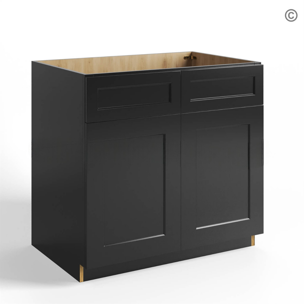 Black Shaker Sink Base Double Door and Double False Drawer