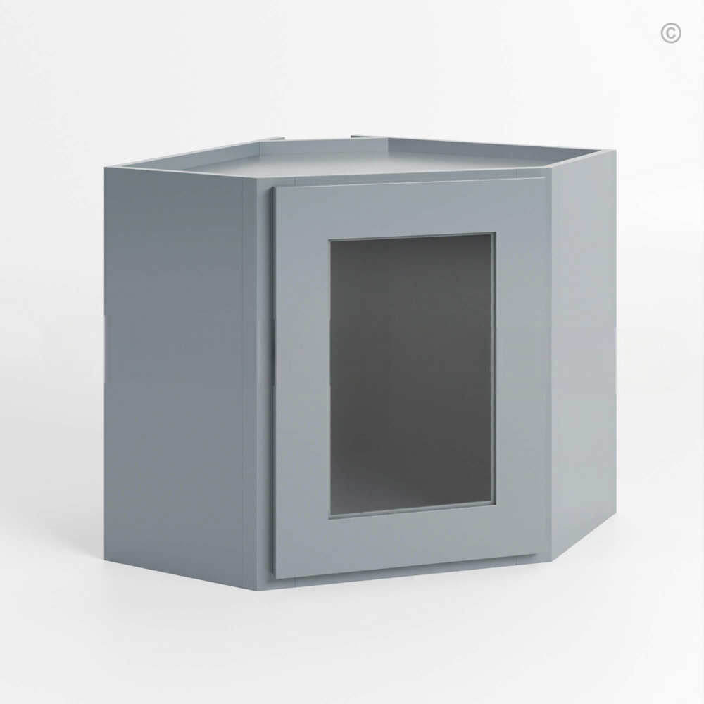 Gray Shaker Diagonal Corner Wall Shelf 12×24 with Glass Door