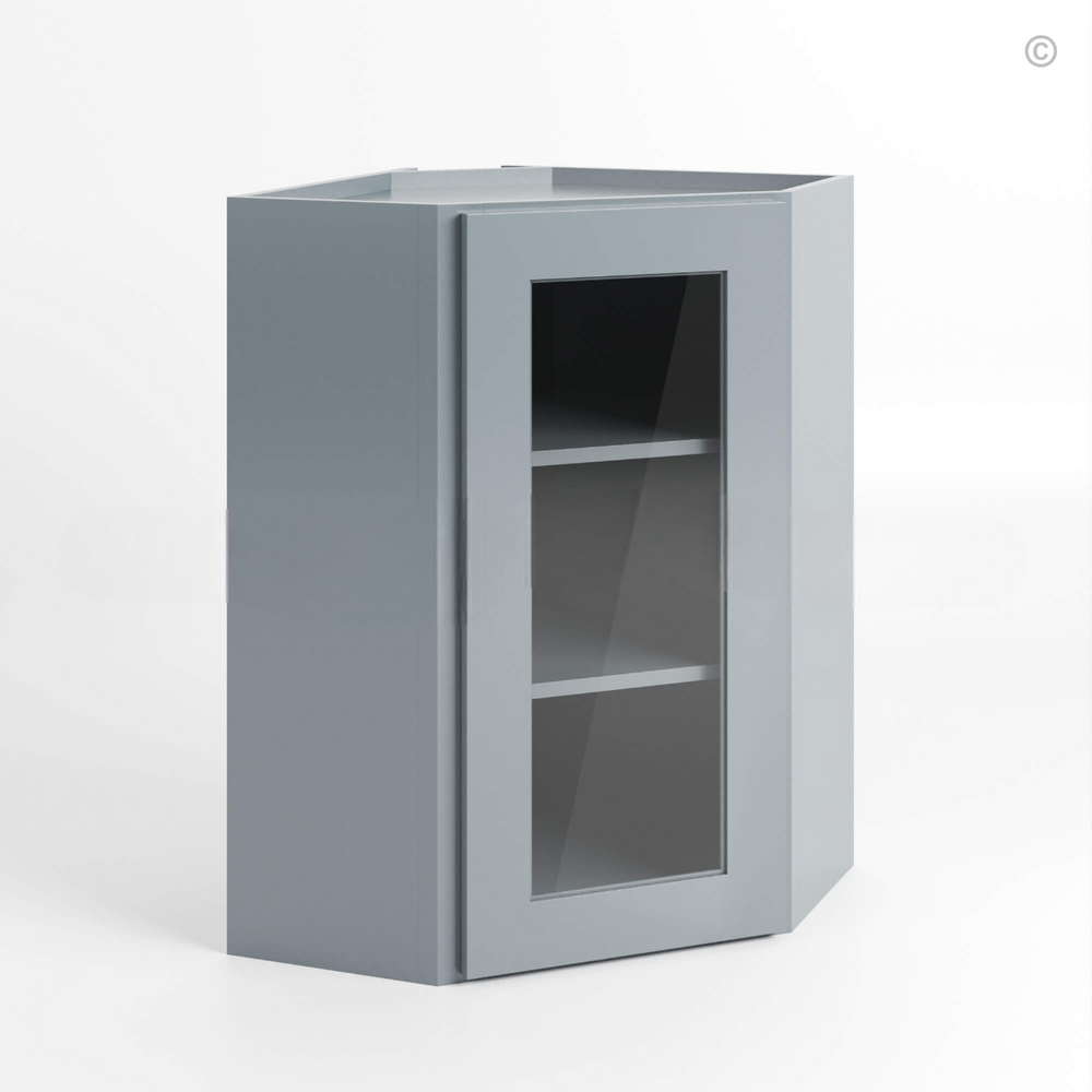Gray Shaker 24″ Diagonal Corner Wall Shelf with Glass Door