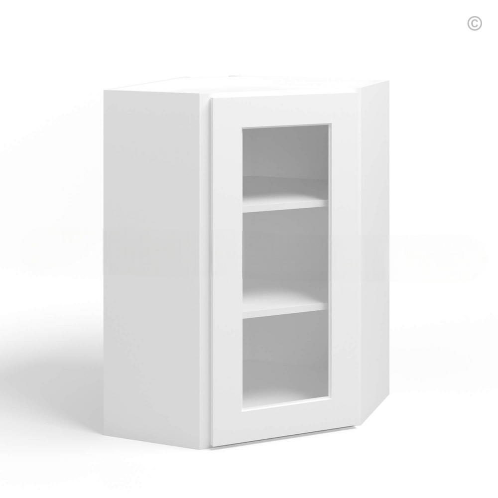 White Shaker 24″ Diagonal Corner Wall Shelf with Glass Door